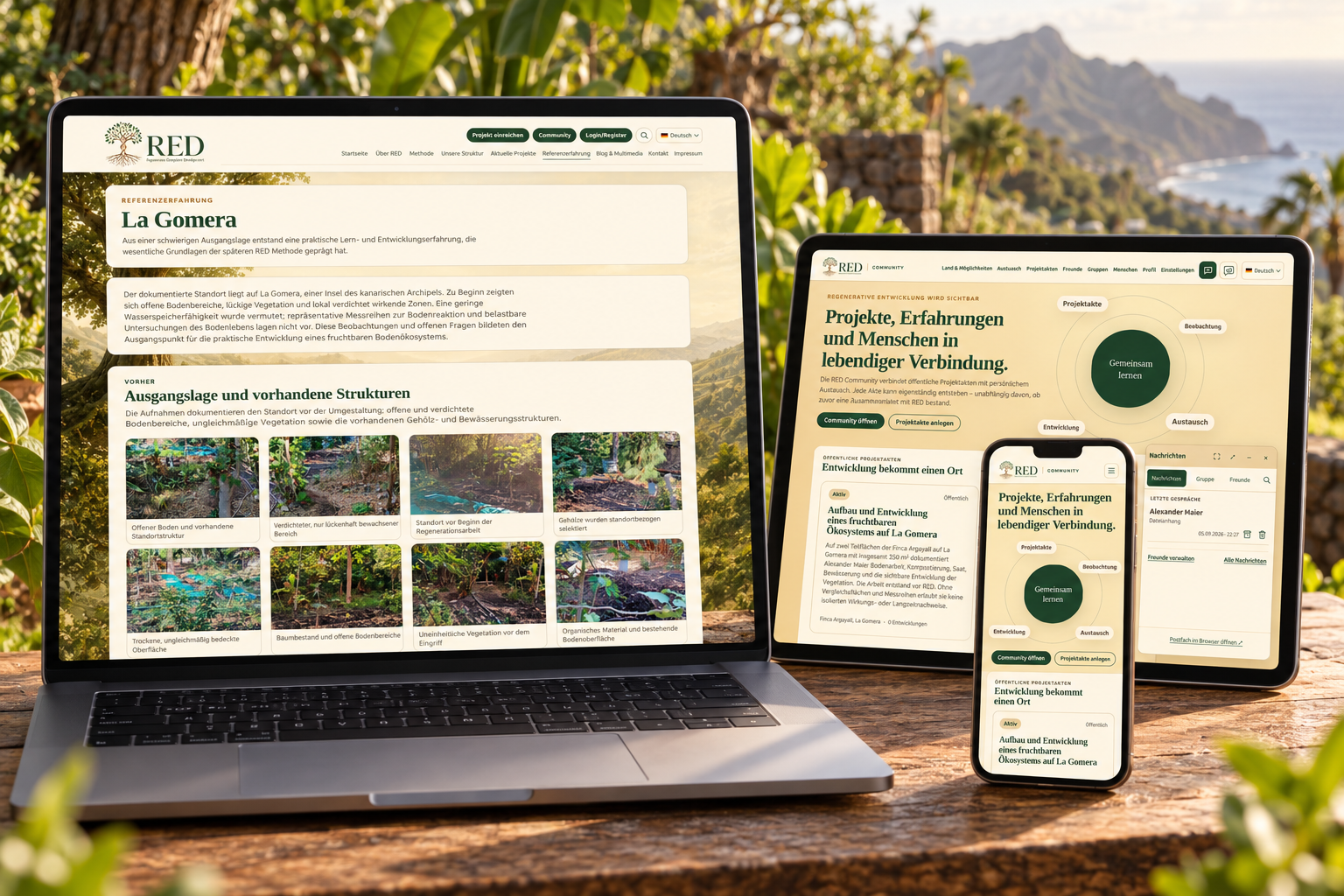 RED’s La Gomera reference project with photographs on a laptop, alongside community previews on a tablet and smartphone in a natural setting